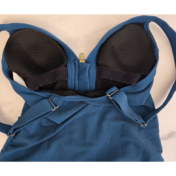 Kona Sol Womens Ribbed One Piece Swimsuit Small Blue Zipper Front Resort Beach - Picture 6 of 13